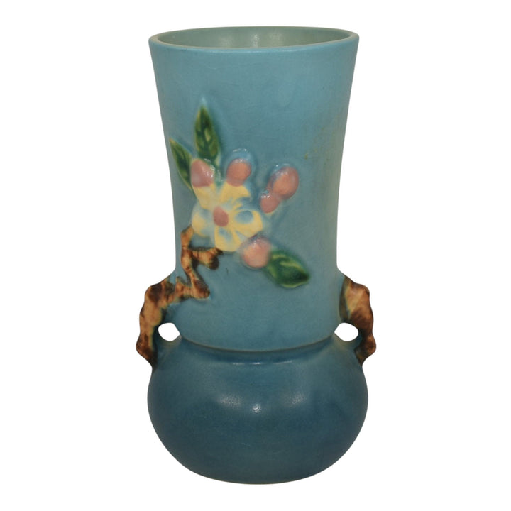 Roseville Apple Blossom Blue 1949 Mid Century Modern Pottery Flower Vase 381-6