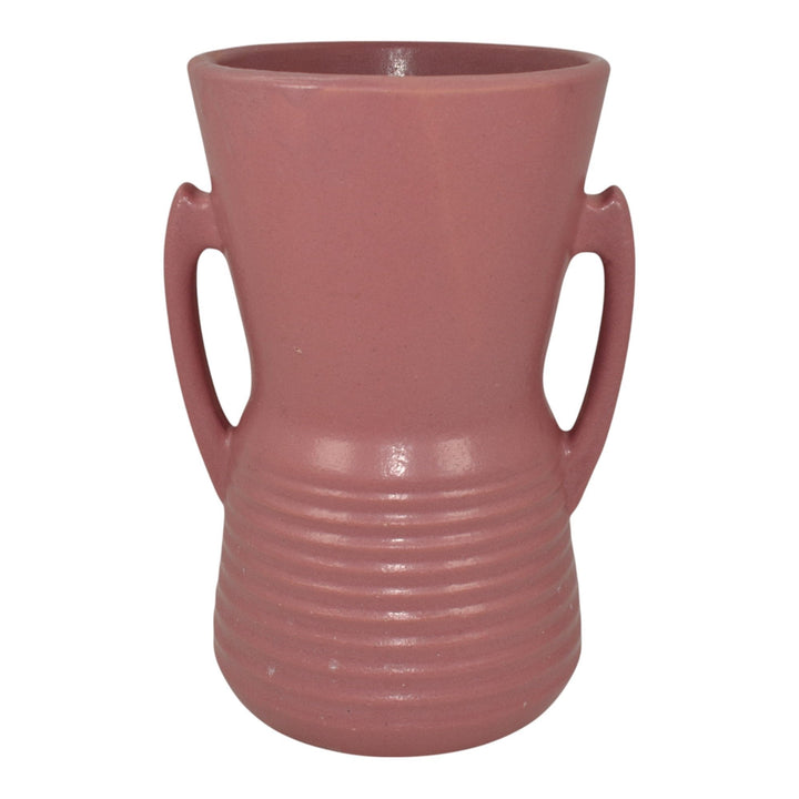 Monmouth Vintage Art Deco Pottery Ribbed Pink Handled Ceramic Vase