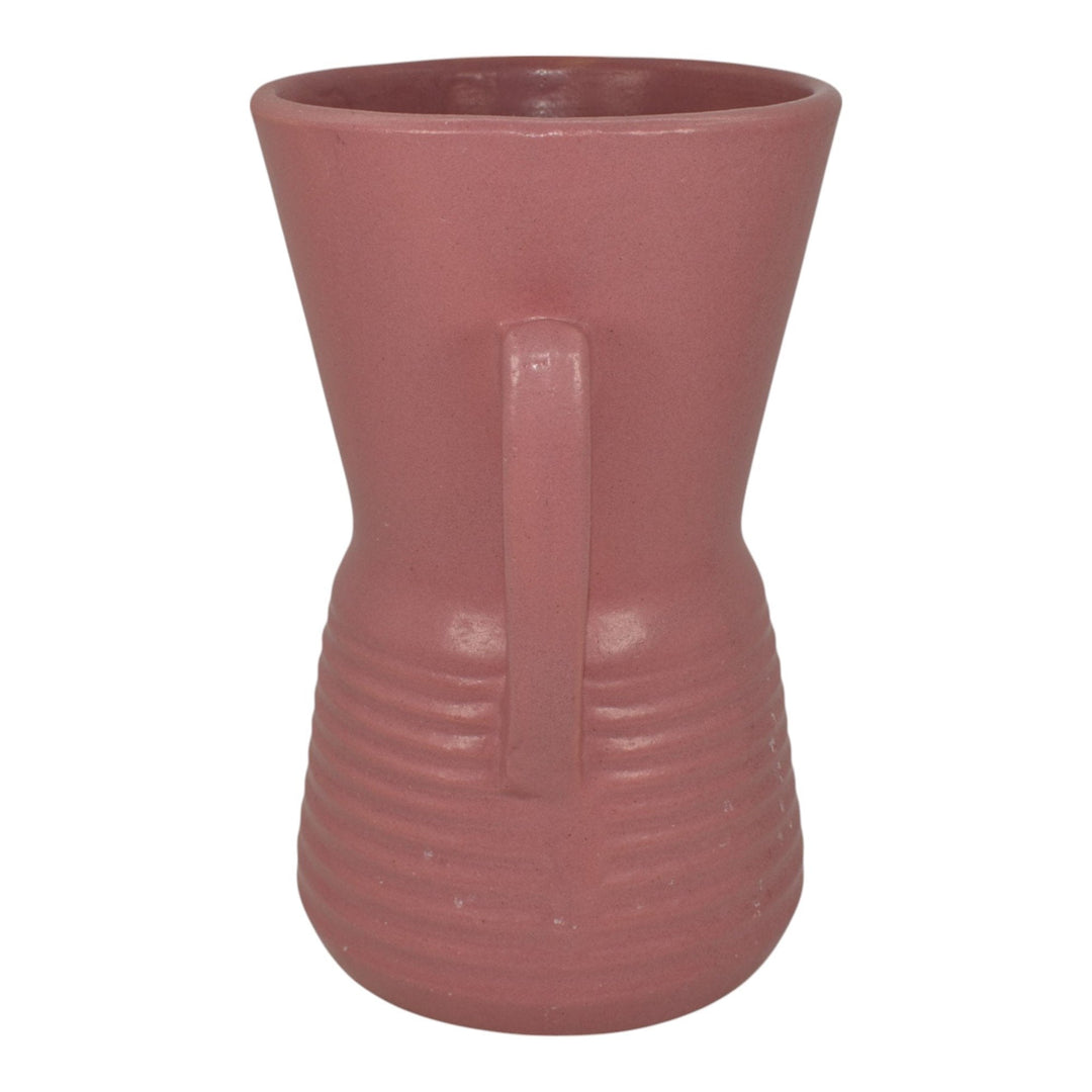 Monmouth Vintage Art Deco Pottery Ribbed Pink Handled Ceramic Vase