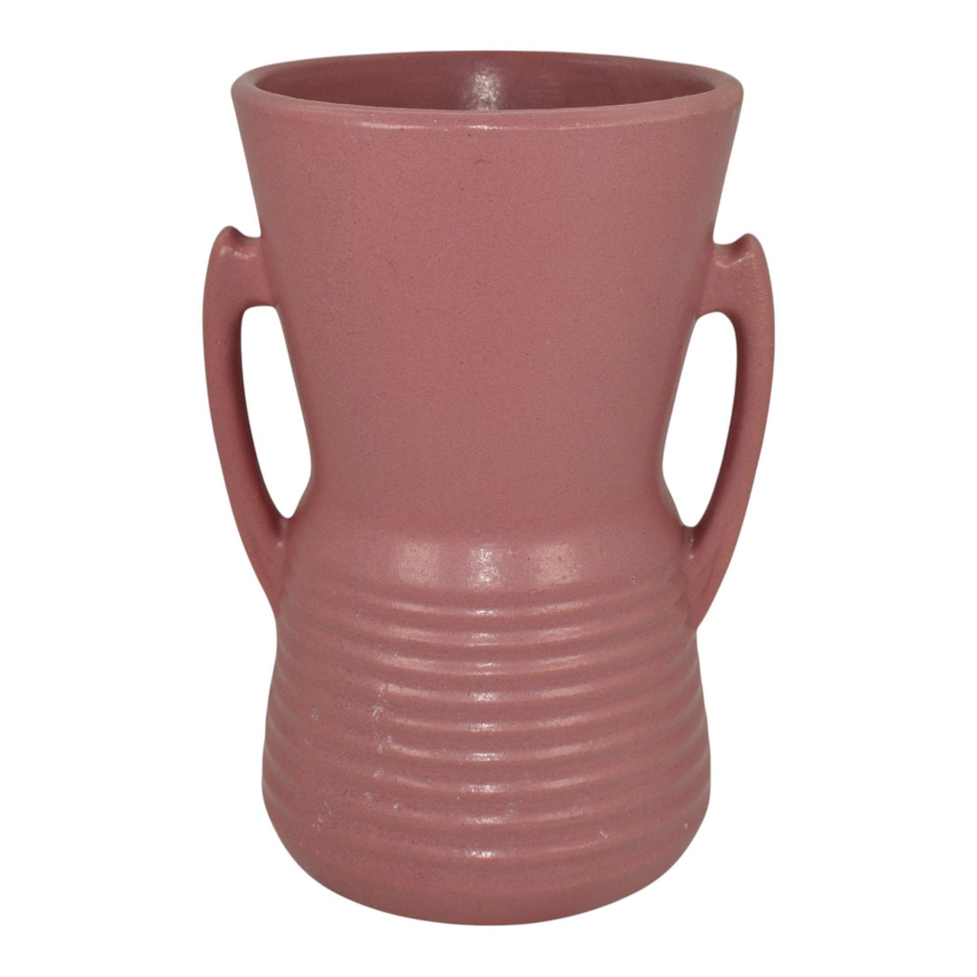 Monmouth Vintage Art Deco Pottery Ribbed Pink Handled Ceramic Vase