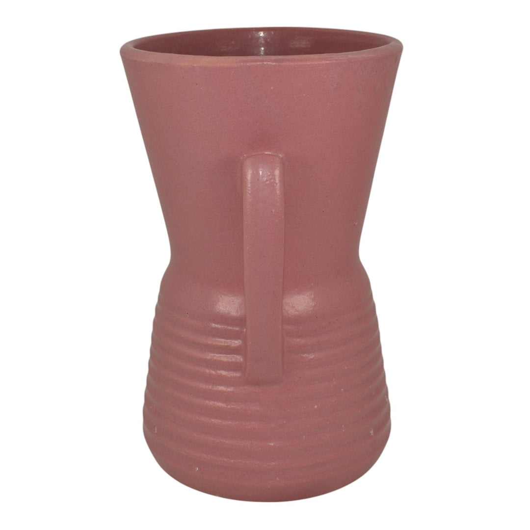 Monmouth Vintage Art Deco Pottery Ribbed Pink Handled Ceramic Vase