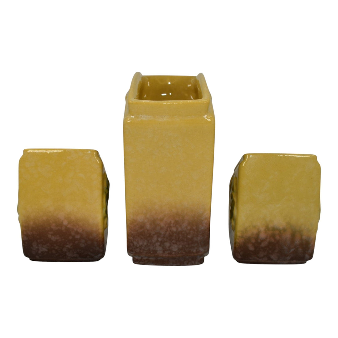 Roseville Artwood Yellow 1951 Art Pottery Three Piece Planter Set 1051 And 1050
