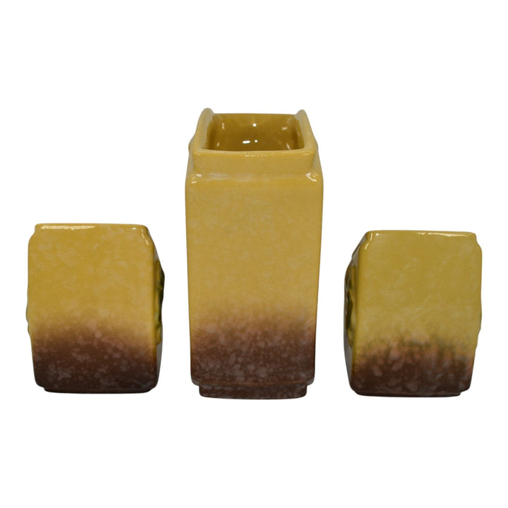 Roseville Artwood Yellow 1951 Art Pottery Three Piece Planter Set 1051 And 1050