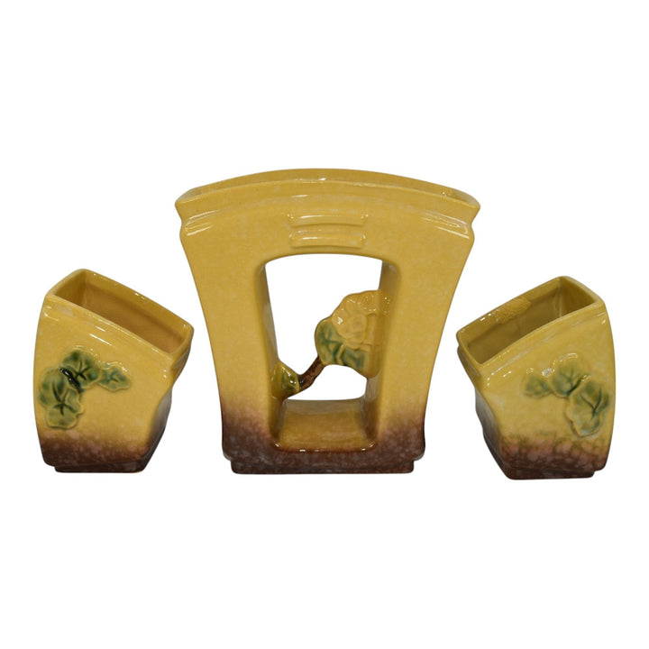 Roseville Artwood Yellow 1951 Art Pottery Three Piece Planter Set 1051 And 1050