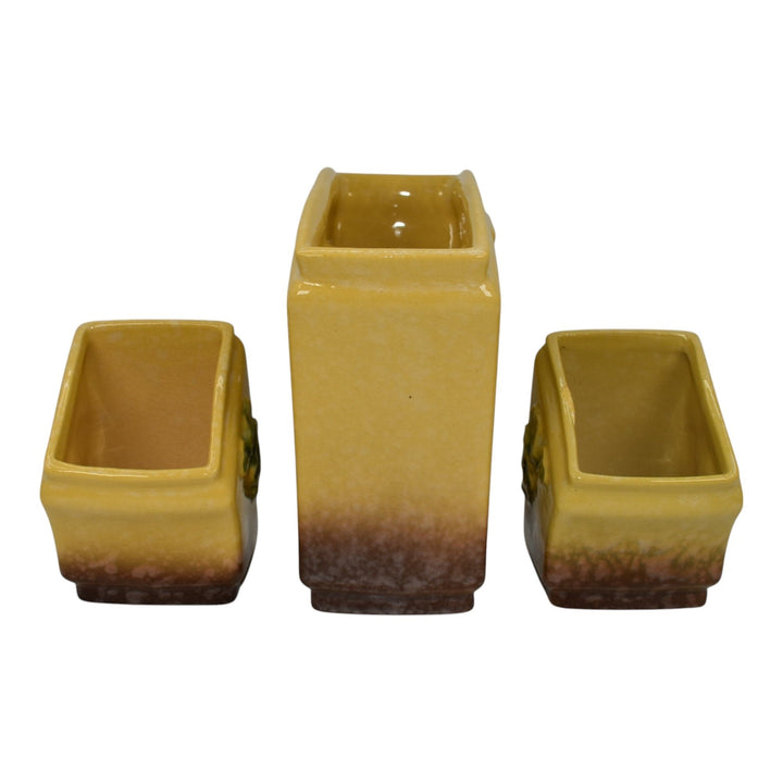 Roseville Artwood Yellow 1951 Art Pottery Three Piece Planter Set 1051 And 1050