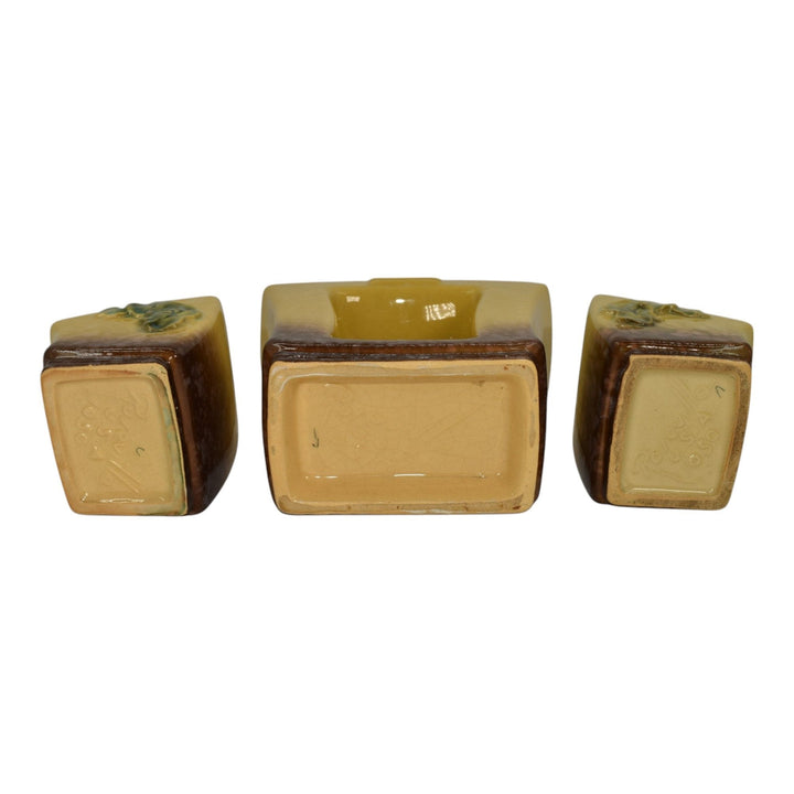 Roseville Artwood Yellow 1951 Art Pottery Three Piece Planter Set 1051 And 1050