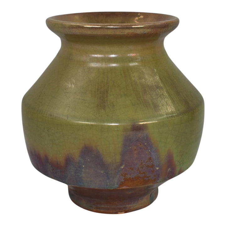Pewabic Detroit 1930s Art Pottery Green Drip Over Purple Iridescent Vase - Just Art Pottery