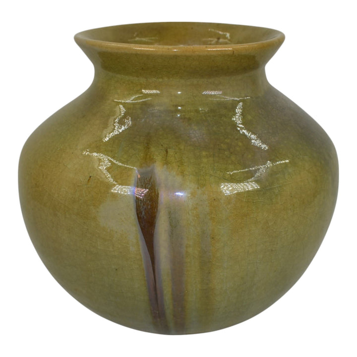Pewabic Detroit 1930s Art Pottery Hand Made Olive Green Iridescent Ceramic Vase