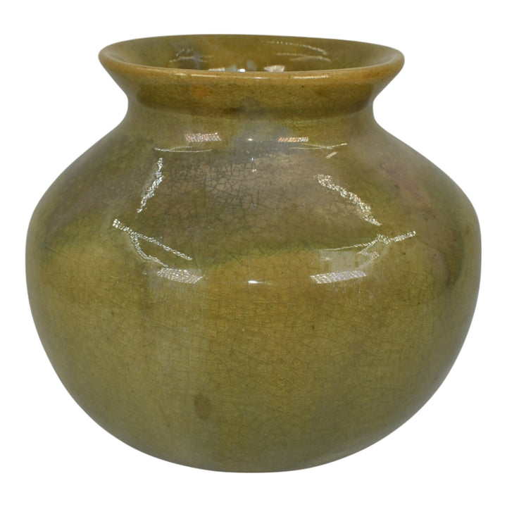 Pewabic Detroit 1930s Art Pottery Hand Made Olive Green Iridescent Ceramic Vase