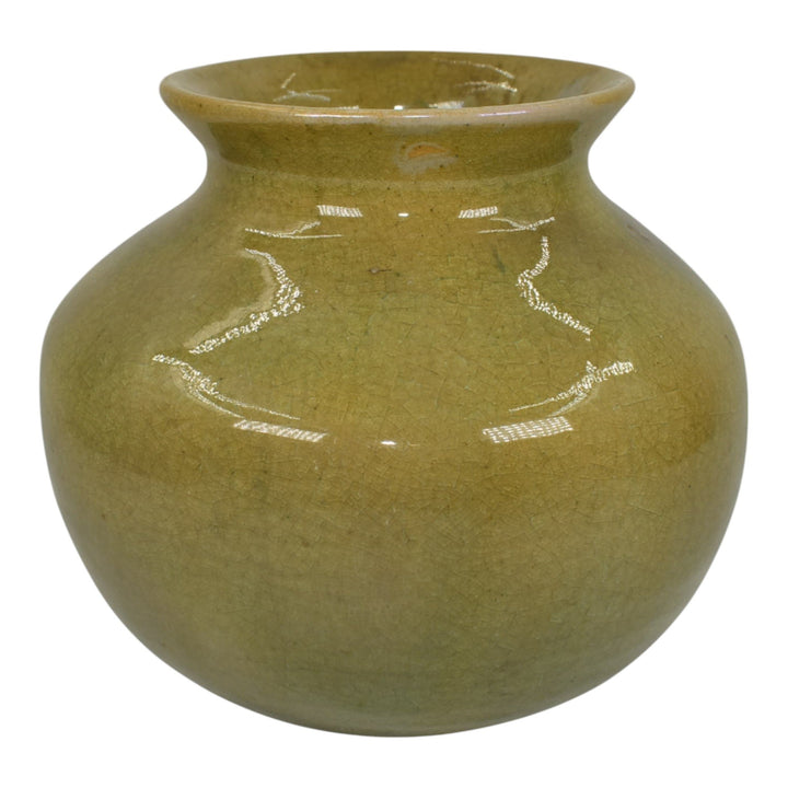 Pewabic Detroit 1930s Art Pottery Hand Made Olive Green Iridescent Ceramic Vase