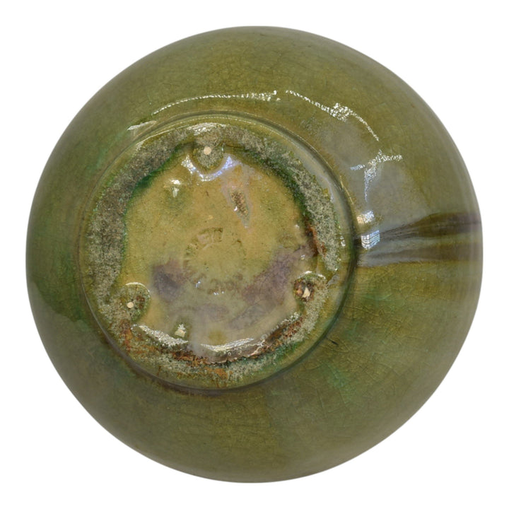 Pewabic Detroit 1930s Art Pottery Hand Made Olive Green Iridescent Ceramic Vase