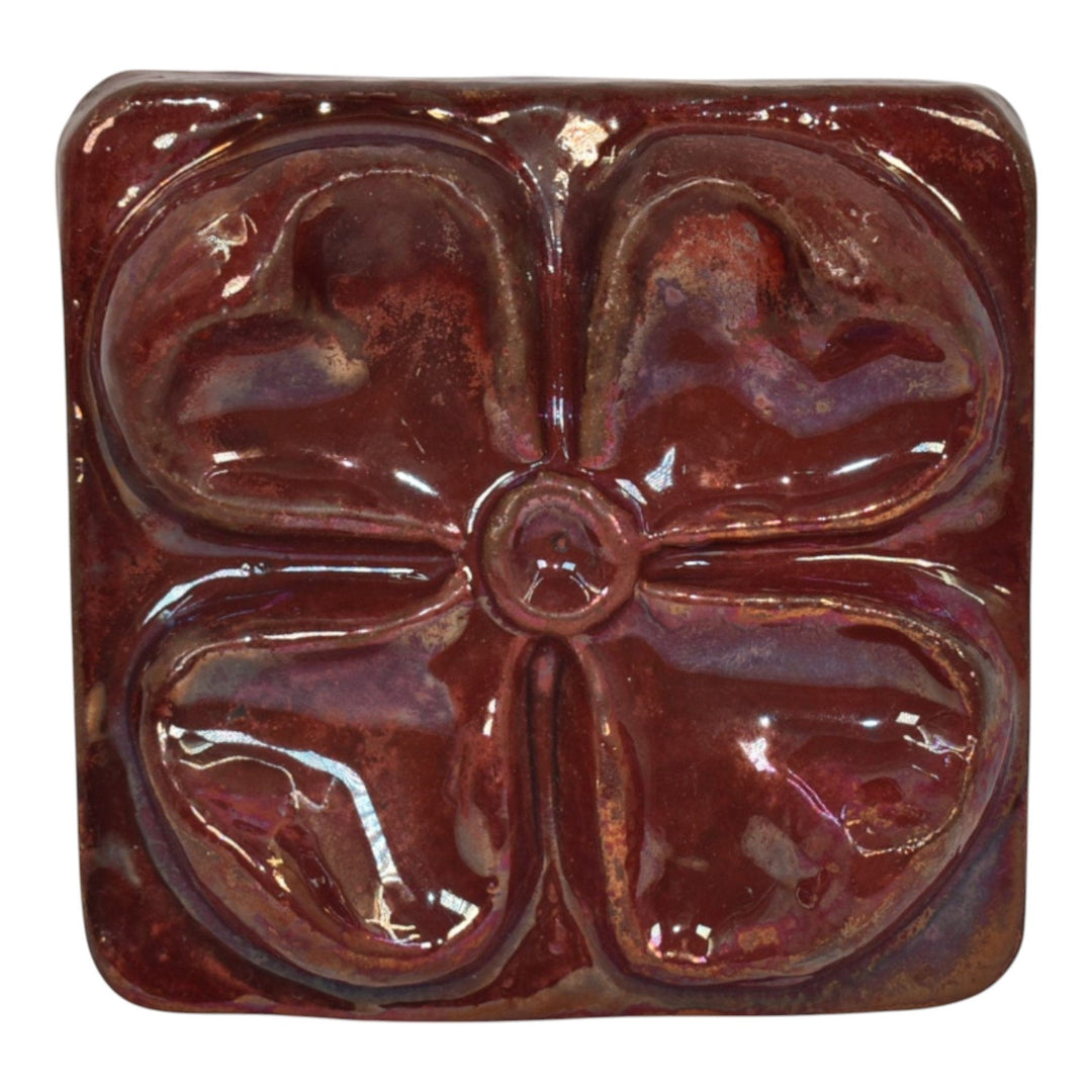 Pewabic 1950s Deep Red Iridescent Art Pottery Four Leaf Clover Ceramic Tile - Just Art Pottery
