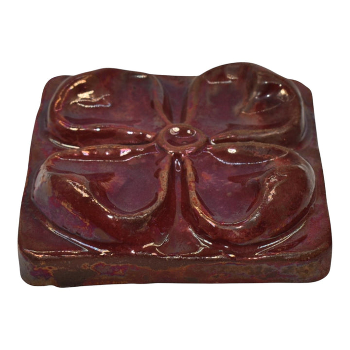 Pewabic 1950s Deep Red Iridescent Art Pottery Four Leaf Clover Ceramic Tile