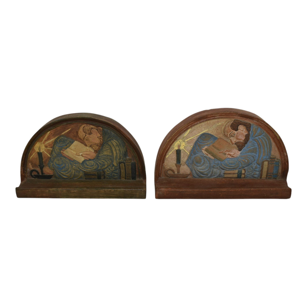 Flint Faience Tile Co Vintage Art Pottery Monk Reading By Candlelight Bookends