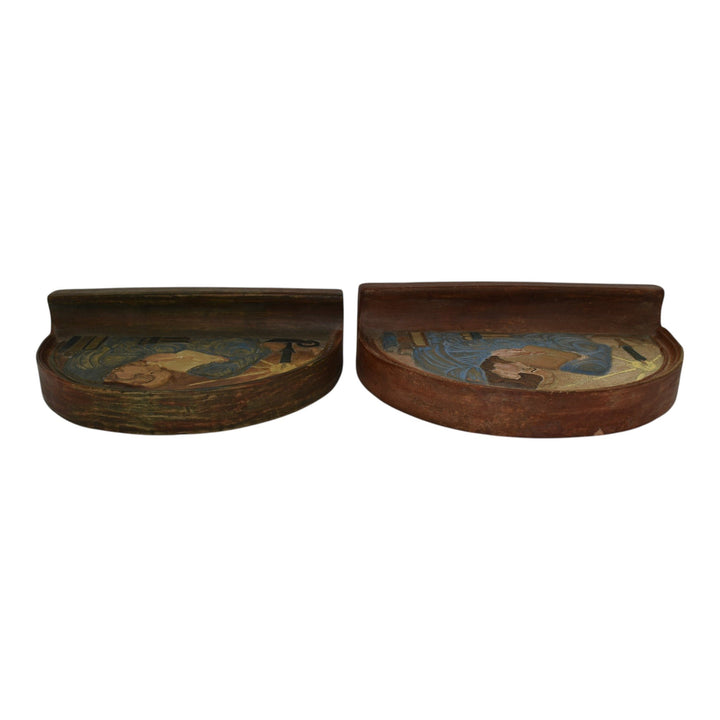 Flint Faience Tile Co Vintage Art Pottery Monk Reading By Candlelight Bookends