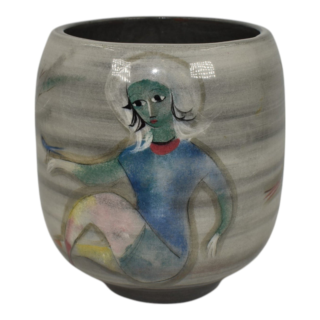 Pillin Studio Mid Century Modern Art Pottery Gray Women Birds Vase