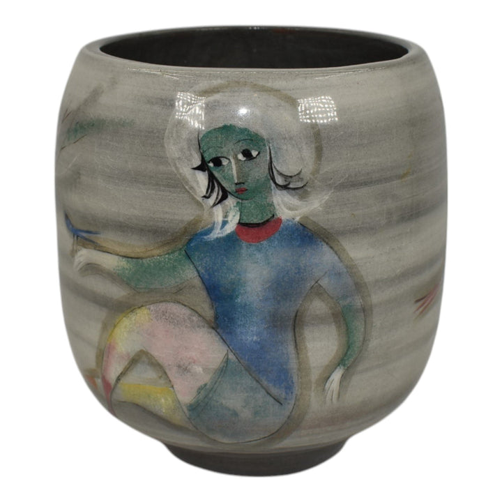 Pillin Studio Mid Century Modern Art Pottery Gray Women Birds Vase