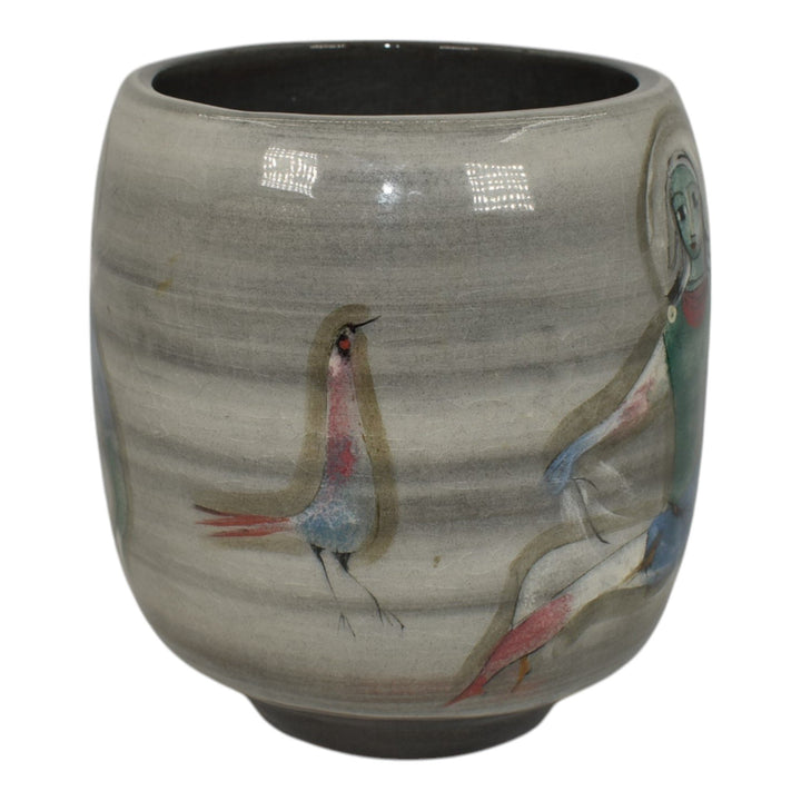 Pillin Studio Mid Century Modern Art Pottery Gray Women Birds Vase