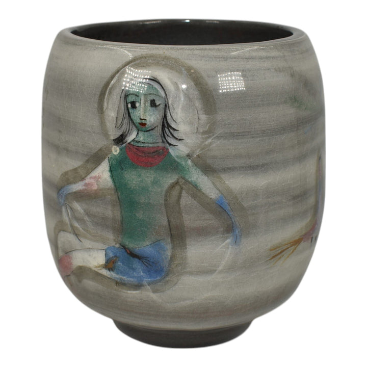 Pillin Studio Mid Century Modern Art Pottery Gray Women Birds Vase