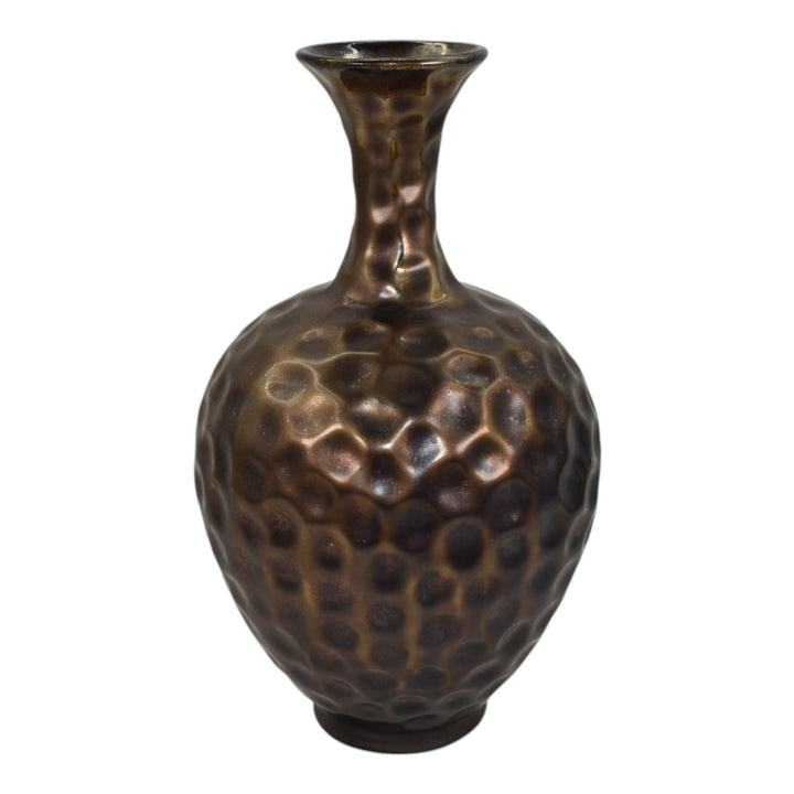 Florentine Effeco 1900s Vintage Ohio Pottery Metallic Bronze Dimpled Vase 110