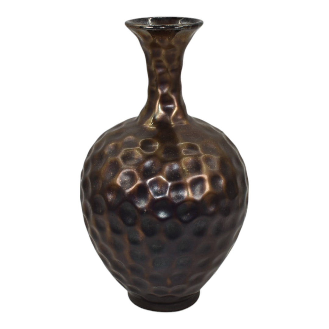 Florentine Effeco 1900s Vintage Ohio Pottery Metallic Bronze Dimpled Vase 110