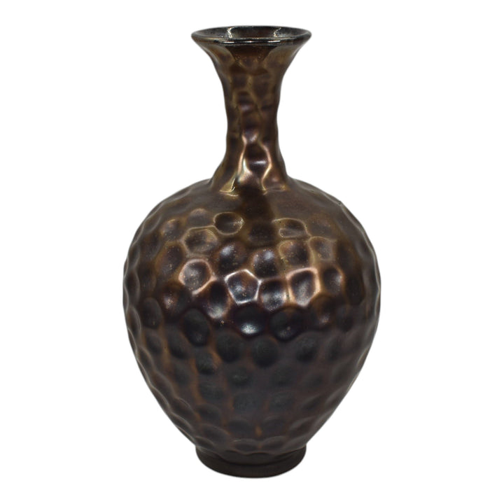 Florentine Effeco 1900s Vintage Ohio Pottery Metallic Bronze Dimpled Vase 110