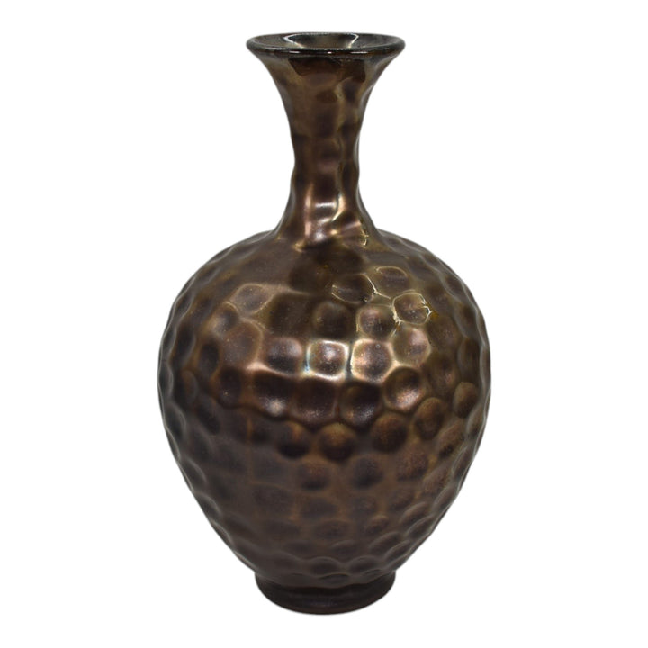 Florentine Effeco 1900s Vintage Ohio Pottery Metallic Bronze Dimpled Vase 110