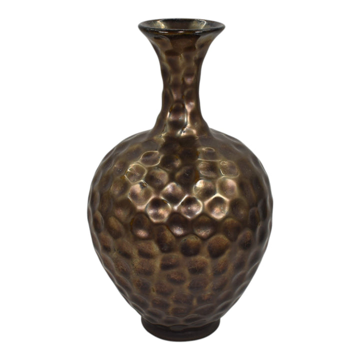 Florentine Effeco 1900s Vintage Ohio Pottery Metallic Bronze Dimpled Vase 110