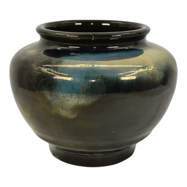 Pewabic Detroit 1950s Art Pottery Hand Made Glossy Black Gold Bulbous Vase
