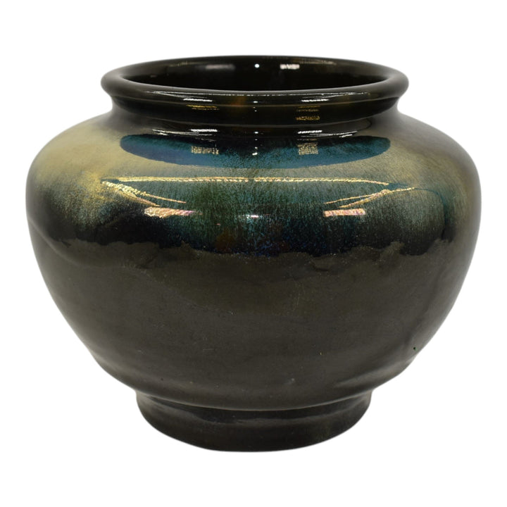 Pewabic Detroit 1950s Art Pottery Hand Made Glossy Black Gold Bulbous Vase