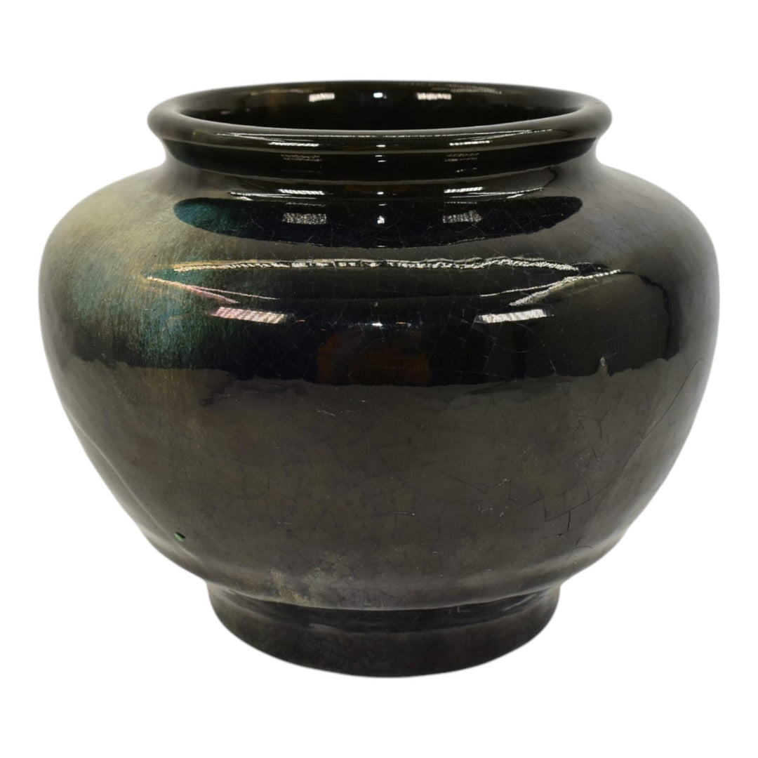 Pewabic Detroit 1950s Art Pottery Hand Made Glossy Black Gold Bulbous Vase