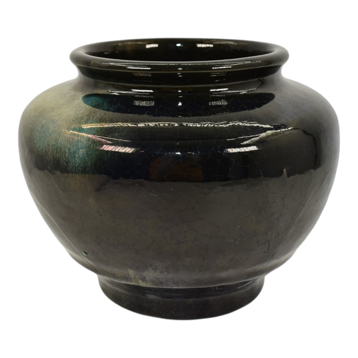 Pewabic Detroit 1950s Art Pottery Hand Made Glossy Black Gold Bulbous Vase