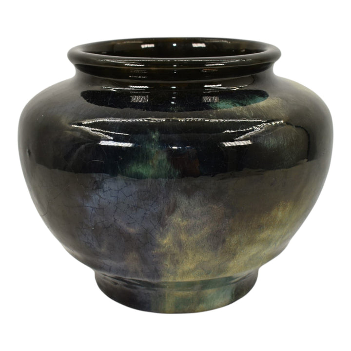 Pewabic Detroit 1950s Art Pottery Hand Made Glossy Black Gold Bulbous Vase