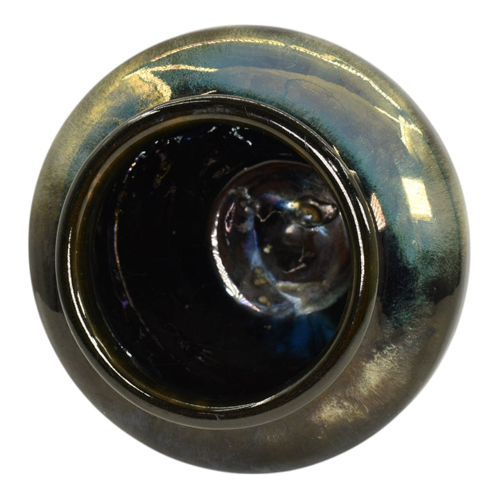 Pewabic Detroit 1950s Art Pottery Hand Made Glossy Black Gold Bulbous Vase