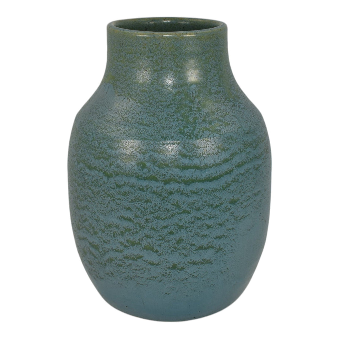 Pewabic Detroit 1960s Art Pottery Blue Green Matte Mottled Glaze Bulbous Vase