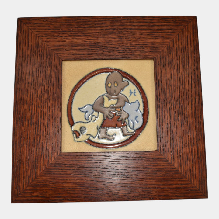 Flint Faience 1920's Art Pottery Tan Brown Ceramic Pisces Zodiac Tile - Just Art Pottery