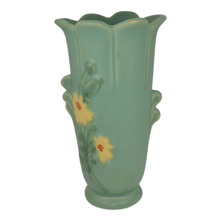 Weller Delsa 1930s Art Deco Pottery Yellow Flower Teal Ceramic Vase F-23