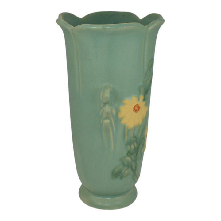 Weller Delsa 1930s Art Deco Pottery Yellow Flower Teal Ceramic Vase F-23