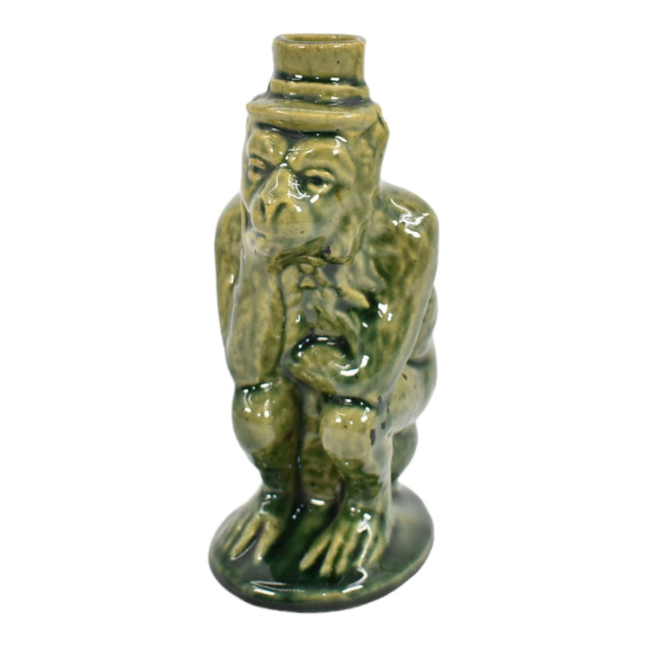 Roseville Majolica Before 1916 Art Pottery Green Ceramic Thinking Monkey Bottle - Just Art Pottery