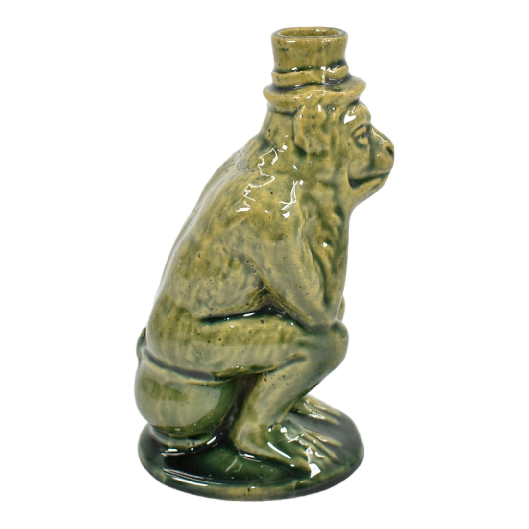 Roseville Majolica Before 1916 Art Pottery Green Ceramic Thinking Monkey Bottle - Just Art Pottery