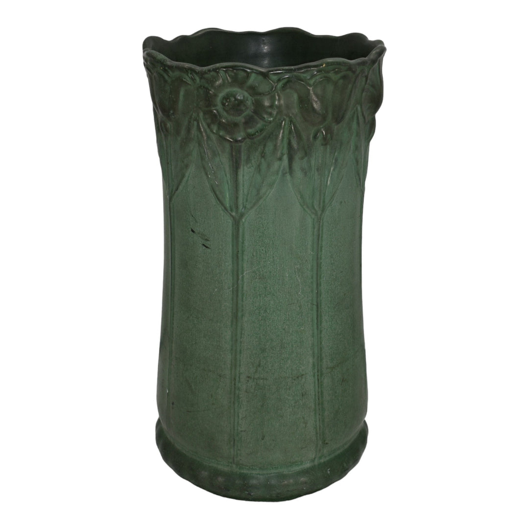 Weller Bedford 1915 Matte Green Arts and Crafts Pottery Poppy Umbrella Stand - Just Art Pottery