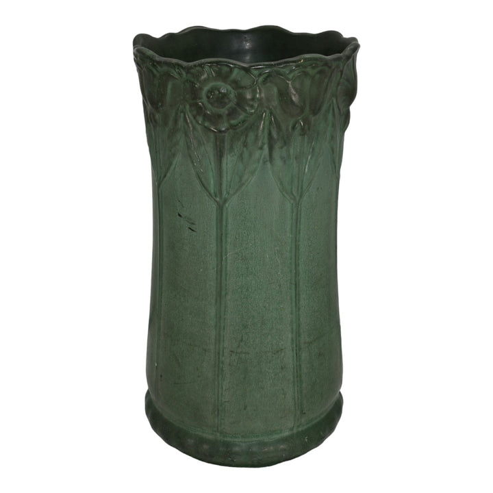 Weller Bedford 1915 Matte Green Arts and Crafts Pottery Poppy Umbrella Stand - Just Art Pottery