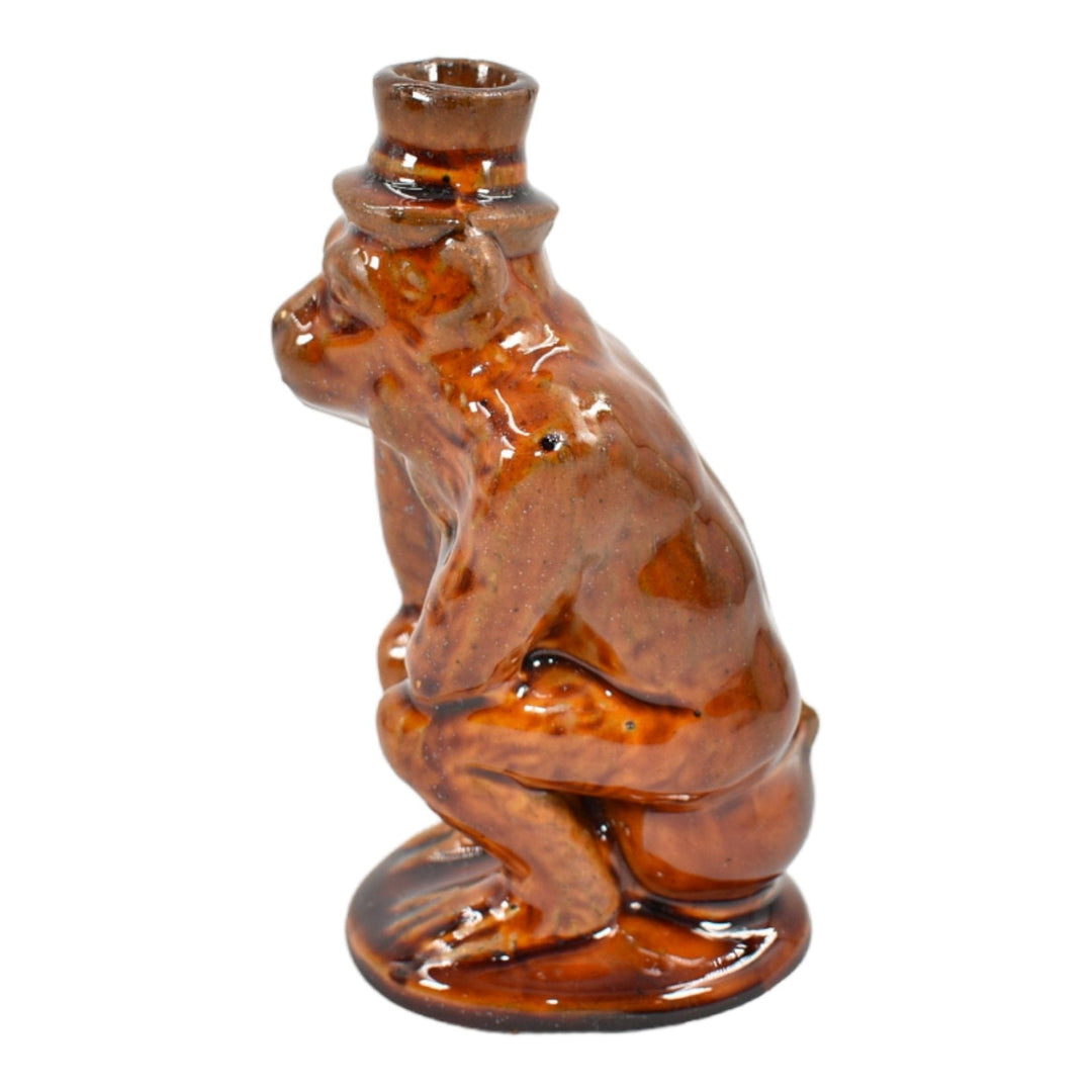 Roseville Majolica Before 1916 Art Pottery Brown Ceramic Thinking Monkey Bottle