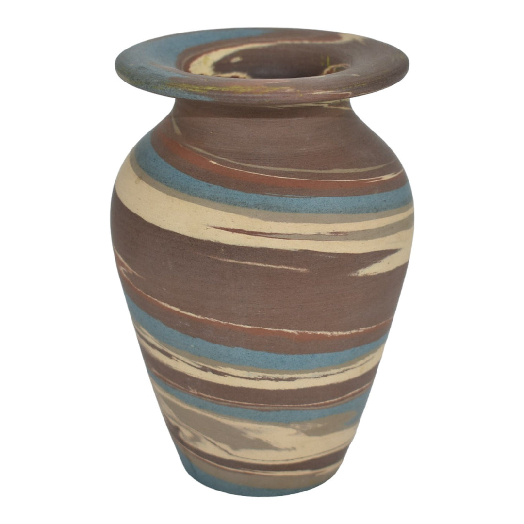 Niloak Mission Swirl 1925-30s Art Pottery Brown Blue Flaring Rim 4" Vase - Just Art Pottery