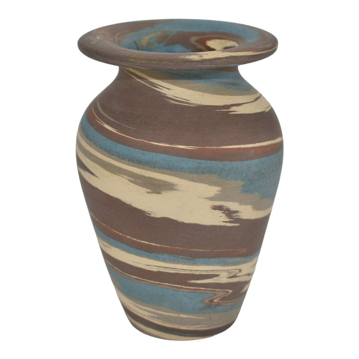 Niloak Mission Swirl 1925-30s Art Pottery Brown Blue Flaring Rim 4" Vase - Just Art Pottery