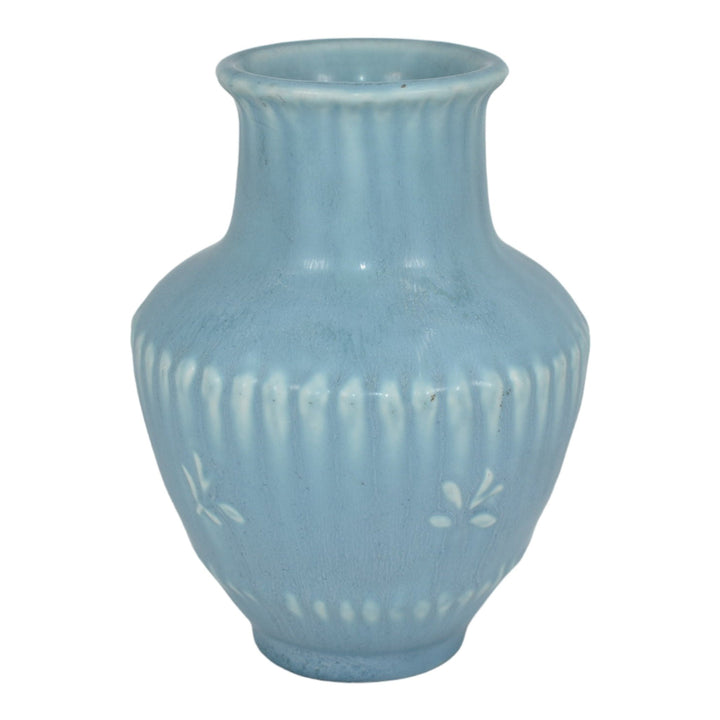 Rookwood 1934 Vintage Art Deco Pottery Matte Blue Floral Ribbed Vase 6452 - Just Art Pottery