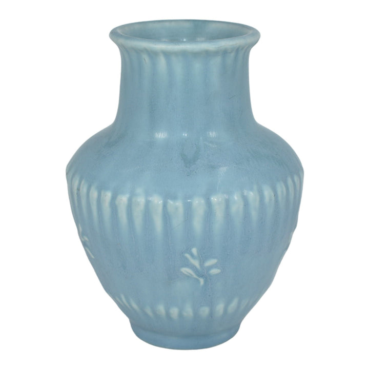 Rookwood 1934 Vintage Art Deco Pottery Matte Blue Floral Ribbed Vase 6452 - Just Art Pottery