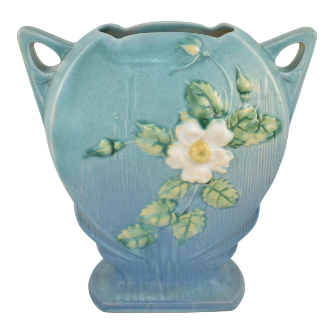 Roseville White Rose Blue 1940 Mid Century Modern Art Pottery Flower Vase 984-8 - Just Art Pottery