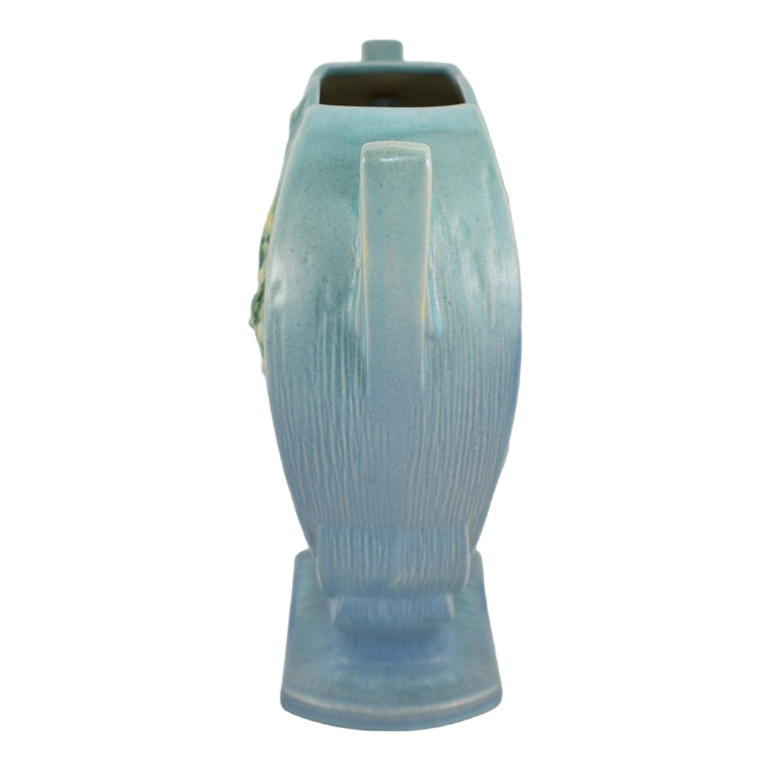Roseville White Rose Blue 1940 Mid Century Modern Art Pottery Flower Vase 984-8 - Just Art Pottery
