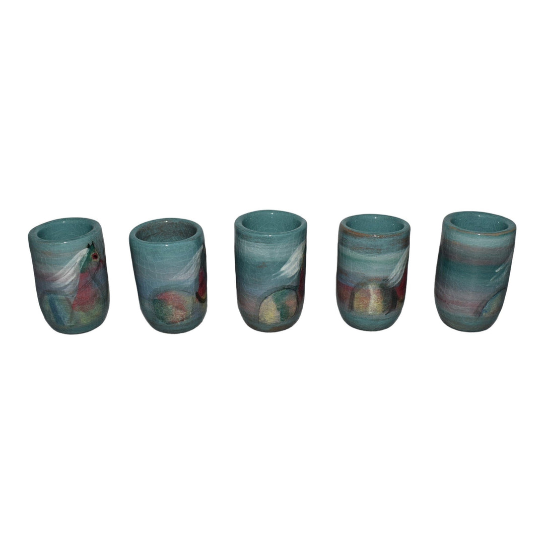Pillin Studio Art Deco Pottery Blue Horses Ceramic Decanter Five Shot Glasses